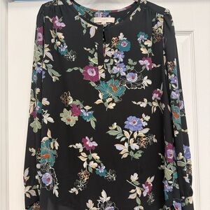 LOFT Black Floral Long-Sleeve Split-Neck Blouse